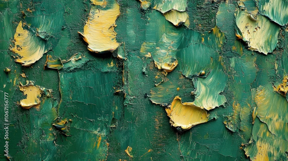 Textured surface with peeling green and yellow paint, artistic abstract background. Textured surface with peeling green and yellow paint, artistic abstract background.