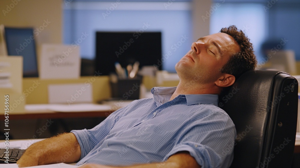 Man sitting at desk with head tilted back, eyes closed, and mouth slightly open, appearing to fall asleep during workday. Tired office worker amidst stress and fatigue in typical office Man sitting at desk with head tilted back, eyes closed, and mouth slightly open, appearing to fall asleep during workday. Tired office worker amidst stress and fatigue in typical office