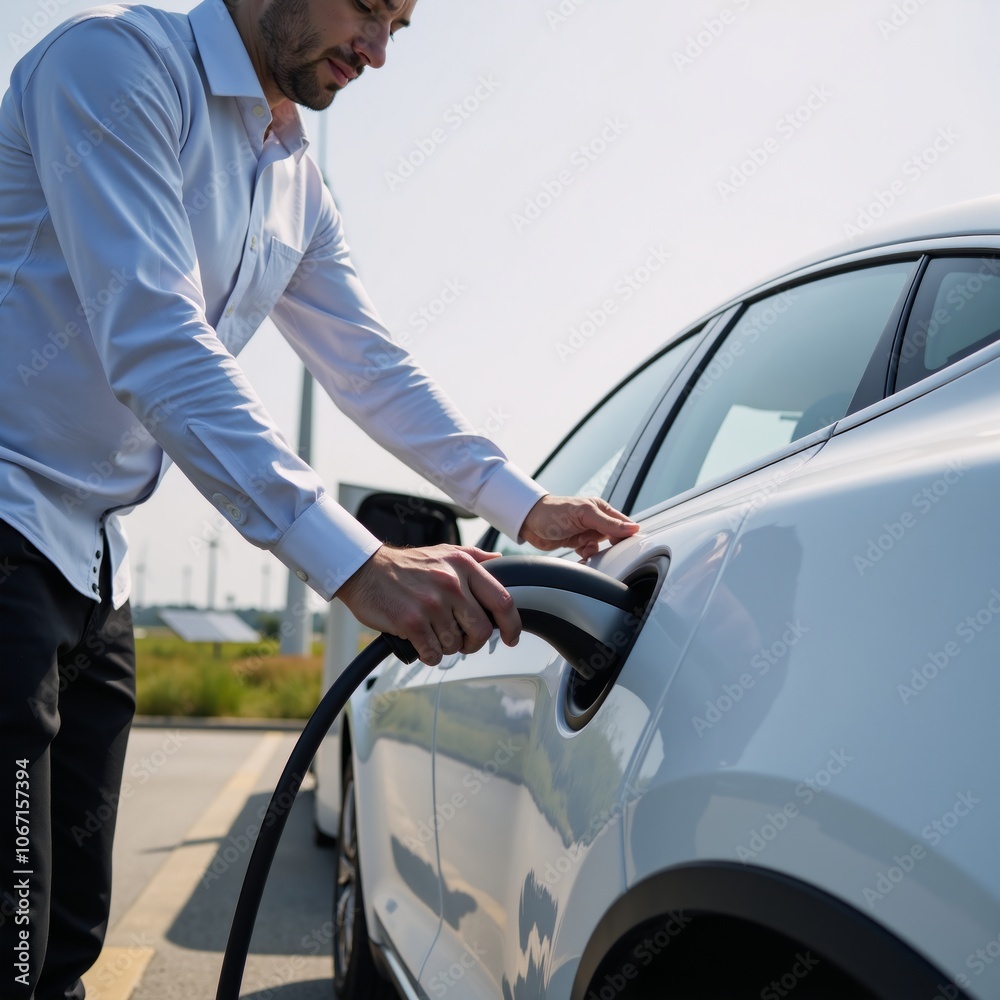 Man recharges electric vehicle at a charging station signifying sustainable transport and green energy innovation Man recharges electric vehicle at a charging station signifying sustainable transport and green energy innovation
