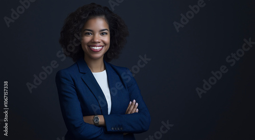 Retrato de uma empresária sorridente, uma mulher profissional e confiante em terno azul, isolada