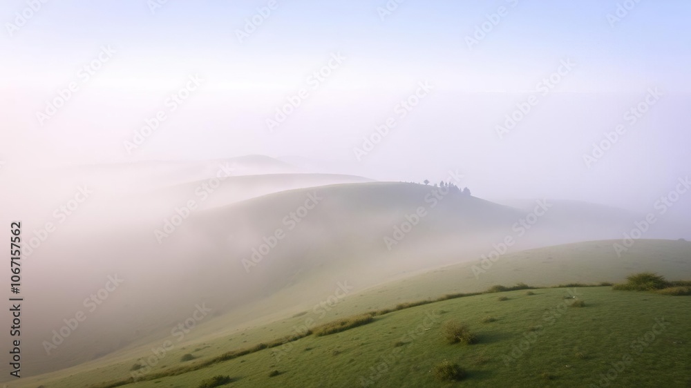 Misty morning landscape with foggy hills, gentle, misty dawn