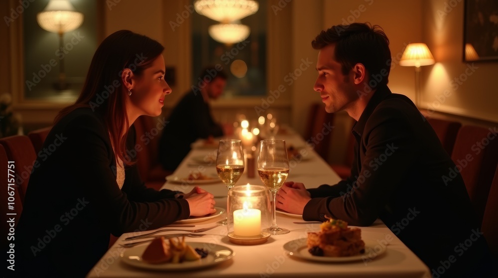 A couple sitting across from each other at a candlelit dinner table in a cozy, dimly lit restaurant, warm ambient light creating a romantic mood, glasses of wine and plates of gourmet food A couple sitting across from each other at a candlelit dinner table in a cozy, dimly lit restaurant, warm ambient light creating a romantic mood, glasses of wine and plates of gourmet food