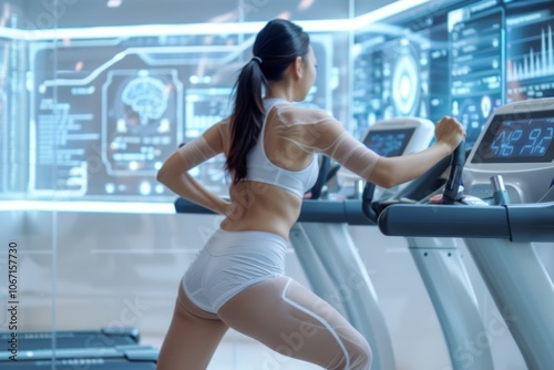 Futuristic fitness: woman running on treadmill in a digital gym environment