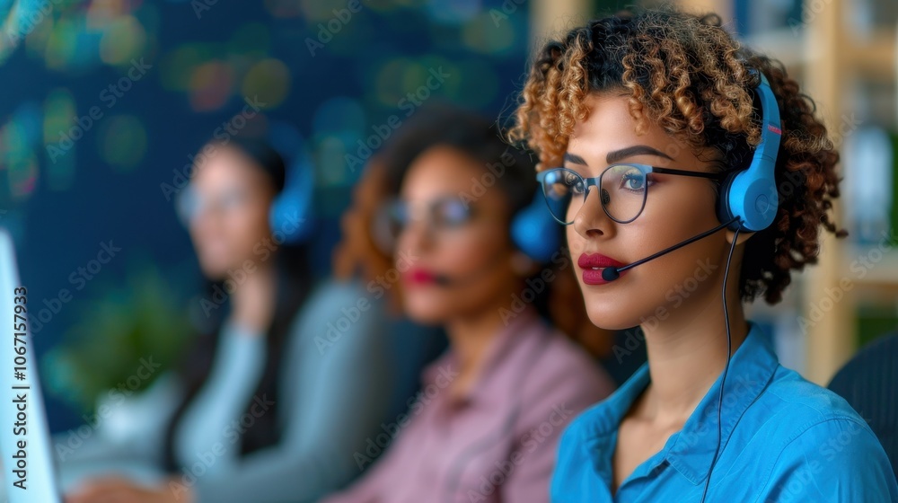Focused Call Center Agent in Blue Headset Providing Customer Support in Modern Office Focused Call Center Agent in Blue Headset Providing Customer Support in Modern Office