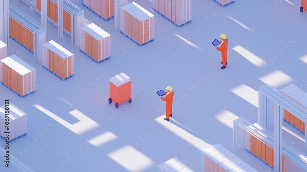 3D illustration of warehouse employees using tablets to check inventory, surrounded by pallets of goods in a spacious storage facility. 3D illustration of warehouse employees using tablets to check inventory, surrounded by pallets of goods in a spacious storage facility.