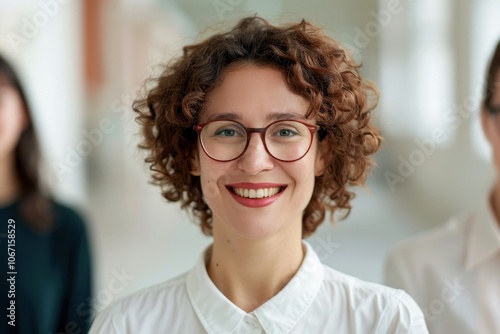 Smiling Woman with Curly Hair and Glasses Standing Confidently in a Bright Office