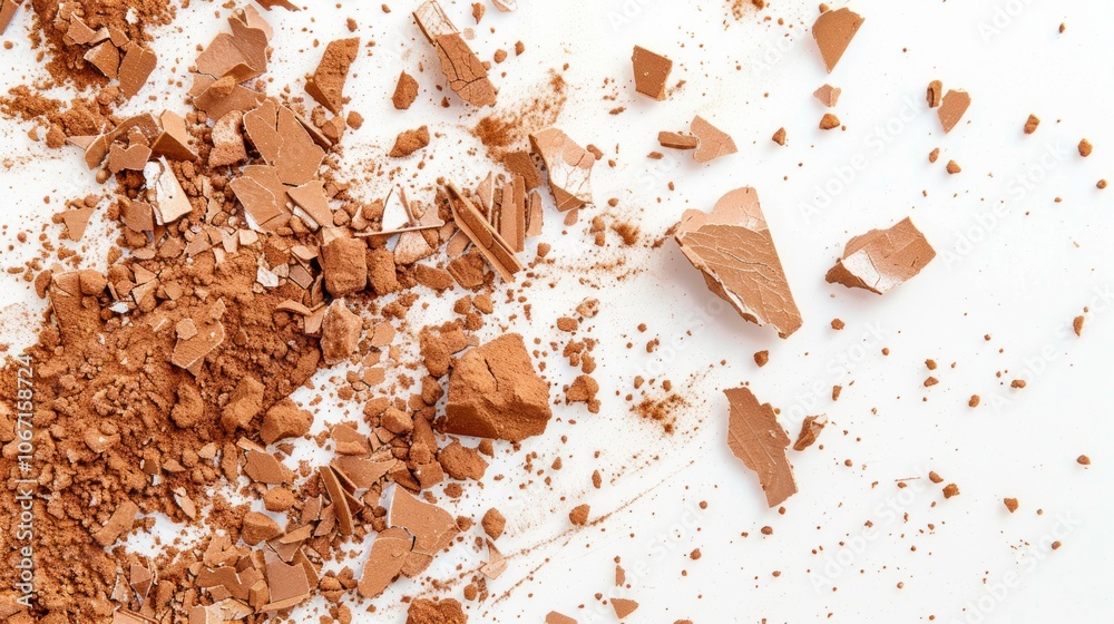 crystal brown powder, fragments scattered on a white background