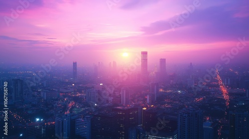 Wallpaper Mural Dusk city skyline glowing pastel hues, urban view with lens flare, peaceful ambiance. AI generated Torontodigital.ca
