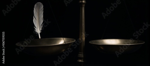 Balance of justice symbolized by a feather atop a scale against a dark backdrop photo