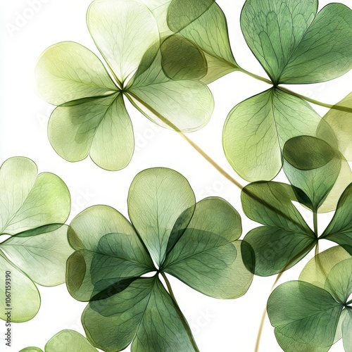 A close-up of clover leaves, nature element, digital painting with detailed veins and soft green hues, isolated on white background photo