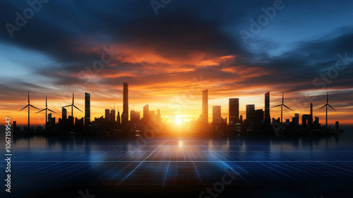 vibrant sunset over city skyline with solar panels and wind turbines