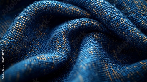 Close-up of blue and gold textured fabric with wrinkles.