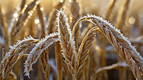 A macro shot of frost crystals delicately coating the tips of golden wheat stalks.