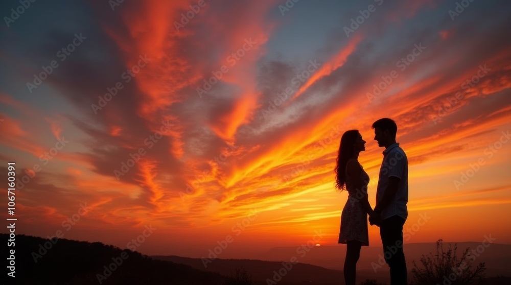 Fototapeta premium Silhouette of a couple holding hands against a stunning sunset, with vibrant colors in the sky and a serene landscape in the background, capturing a moment of love and connection