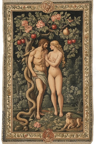 This scene depicts Adam and Eve amidst the lush and serene Garden of Eden, surrounded by vibrant flora and fauna, symbolizing innocence and the origins of humanity.

 photo