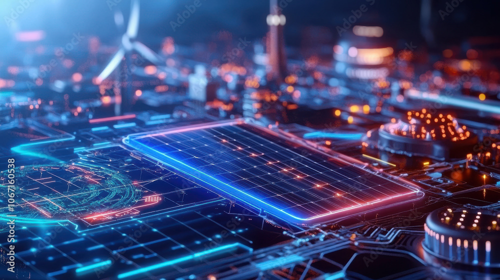 Fototapeta premium Futuristic renewable energy grid with solar panels and technology