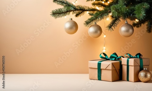 Retro presents under tree with ribbons and natural kraft wrapping, evoking a minimalist and festive Christmas mood photo