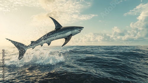 Majestic great white shark leaping out of the ocean under a golden sunset sky