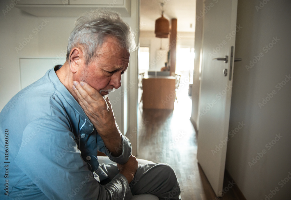 Elderly man deep in thought sitting at home Elderly man deep in thought sitting at home