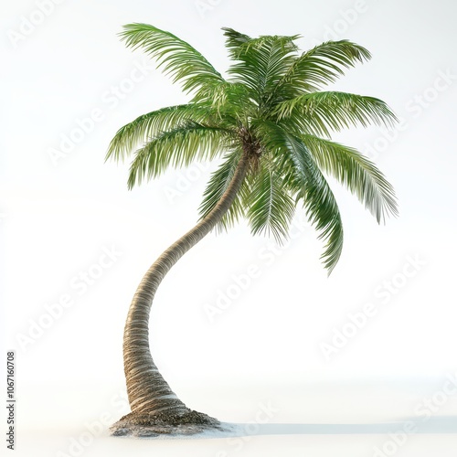 A curved coconut palm tree, tropical element, hyper-realistic 3D rendering, bending trunk with lush green fronds, isolated on white background photo