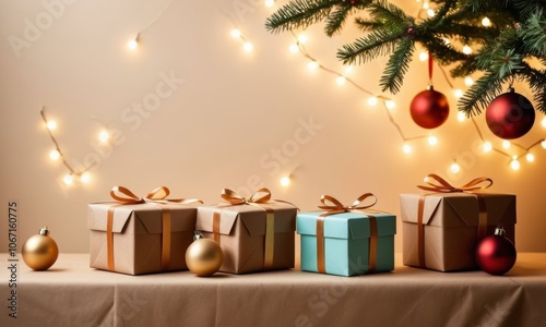 Retro presents under tree with ribbons and natural kraft wrapping, evoking a minimalist and festive Christmas mood photo