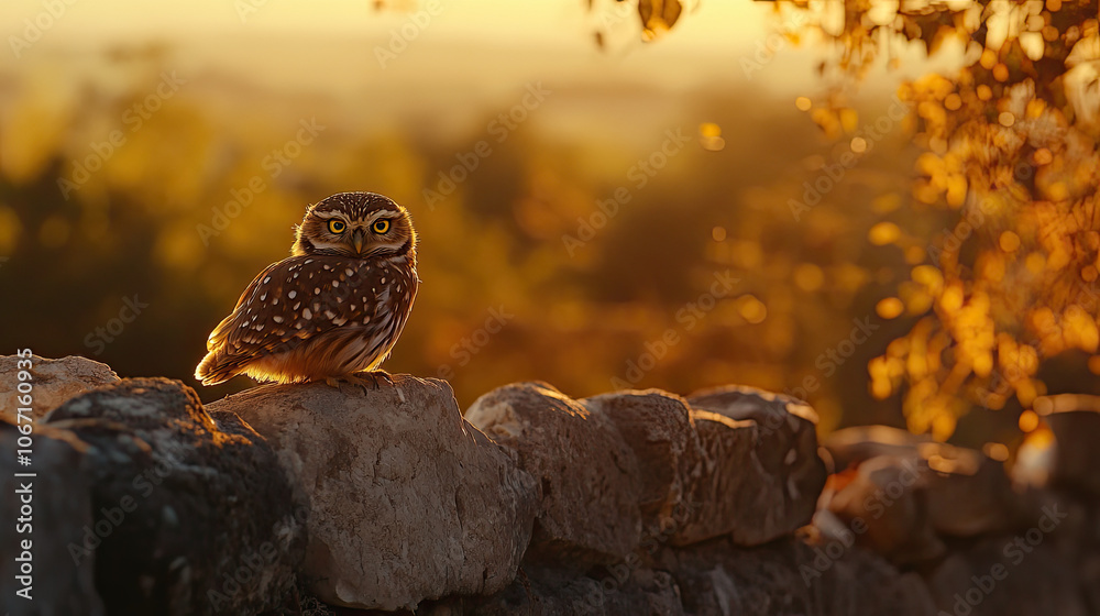 Obraz premium A spotted owl perched on a stone wall at sunset, looking intently at the camera.
