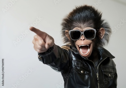 Fototapeta Naklejka Na Ścianę i Meble -  A chimpanzee wearing black sunglasses and a leather jacket points forward with an open mouth, displaying a bold and rebellious expression in a humorous, stylized portrait.