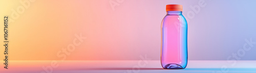 A vibrant, stylized image of a plastic bottle with a bright orange cap, set against a gradient background of soft pink and blue hues.