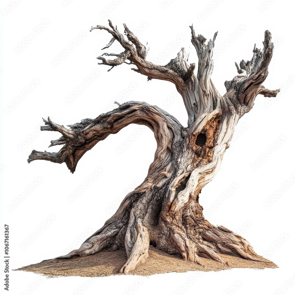 A dead tree with exposed roots and hollow sections, ancient and weathered, detailed cracks and rugged bark, isolated on white background A dead tree with exposed roots and hollow sections, ancient and weathered, detailed cracks and rugged bark, isolated on white background
