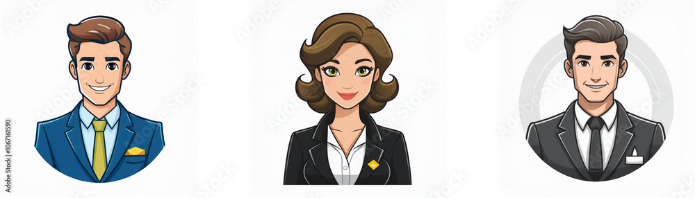 Three cartoon avatars, two men and one woman, are depicted wearing business attire. Three cartoon avatars, two men and one woman, are depicted wearing business attire.