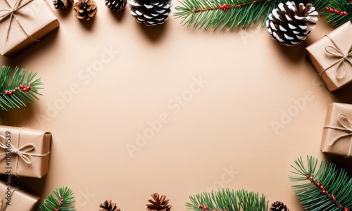 Retro presents under tree with ribbons and natural kraft wrapping, evoking a minimalist and festive Christmas mood photo