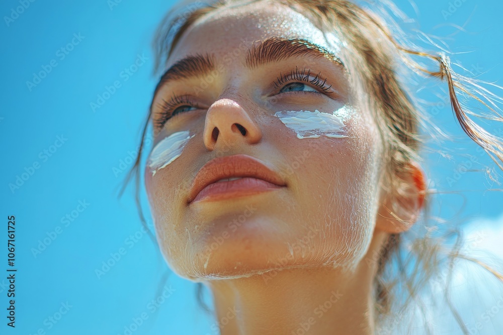 A young woman with sunscreen on her face gazes upwards, enjoying a sunny day, against a clear blue sky. A young woman with sunscreen on her face gazes upwards, enjoying a sunny day, against a clear blue sky.