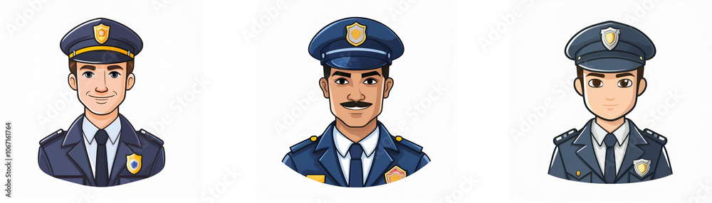 Three cartoon police officers in uniform with different facial expressions. Three cartoon police officers in uniform with different facial expressions.