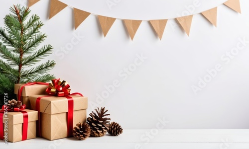 Retro presents under tree with ribbons and natural kraft wrapping, evoking a minimalist and festive Christmas mood photo