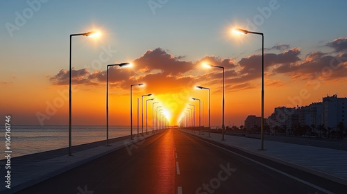 Sunset over coastal road lined with solar powered streetlights, creating serene atmosphere