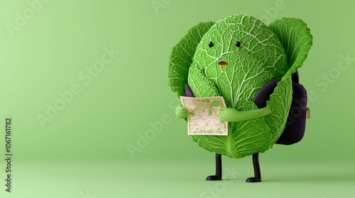 A cartoon cabbage with a backpack looking at a map, standing on a green background. photo