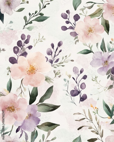 A soft, pastel watercolor seamless pattern featuring delicate flowers and leaves in gentle pinks, purples, and greens, perfect for creating a dreamy and romantic aesthetic on wallpapers or textiles