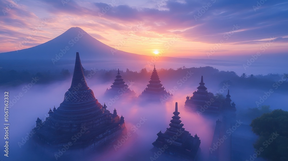 Ancient Temples Emerging from Mist at Sunrise with a Mountain in the Background Ancient Temples Emerging from Mist at Sunrise with a Mountain in the Background