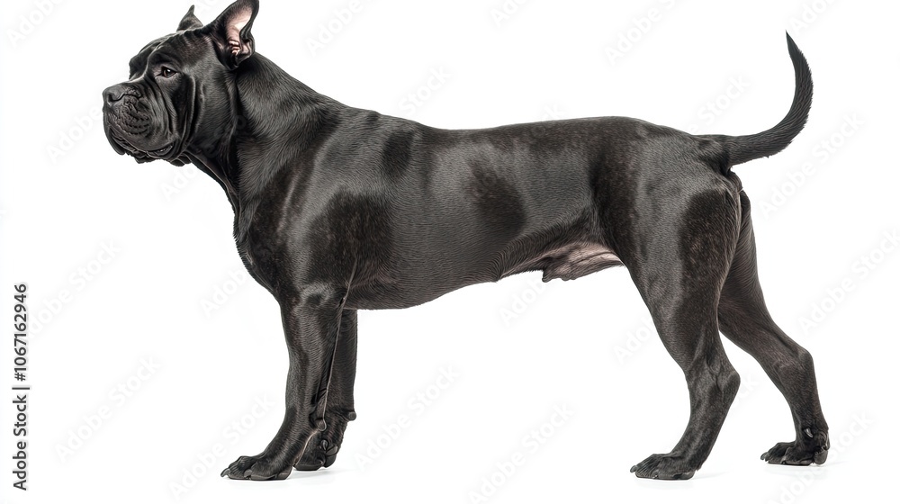 Cane Corso standing alert on a white background, showcasing strength and loyalty, often misjudged for its appearance. Cane Corso standing alert on a white background, showcasing strength and loyalty, often misjudged for its appearance.