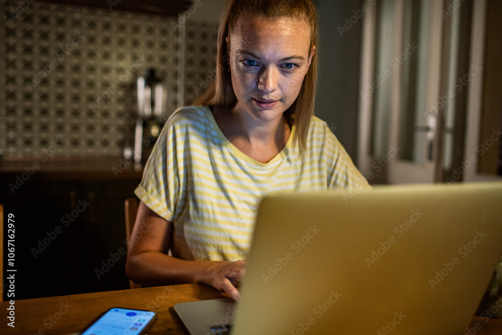 Woman working late at night on laptop at home Woman working late at night on laptop at home