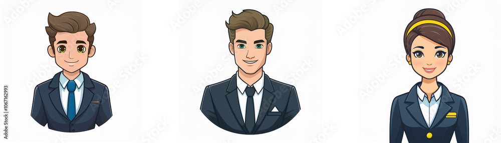 Three cartoon people in business attire. Three cartoon people in business attire.