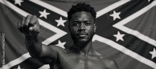 An image featuring an empowering raised fist of an African American person before a rebellion flag standing as a symbol for resistance against racism photo