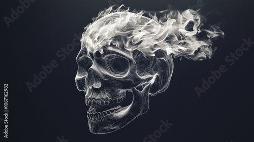 Ultra high-quality, hyper-detailed burning skull against a pure black background. 