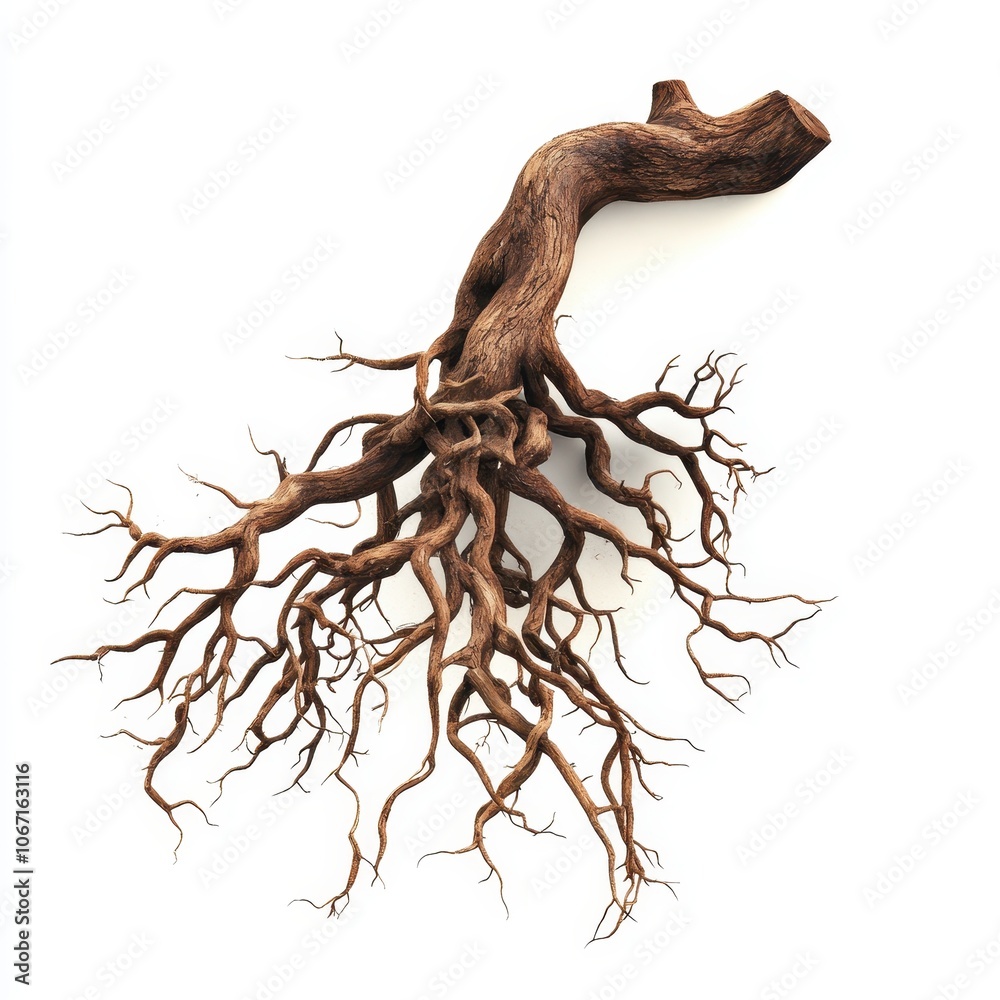 Fototapeta premium A tree root spreading out, nature's foundation, digital art, intricate and twisted brown roots, isolated on white background
