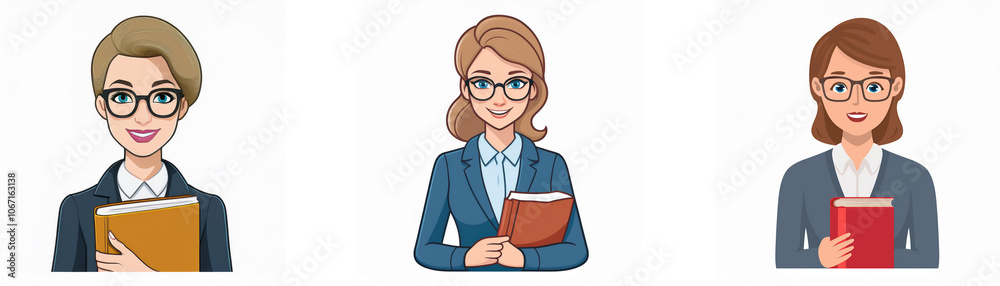 Three women with short brown hair, wearing business suits and glasses, hold books. Three women with short brown hair, wearing business suits and glasses, hold books.
