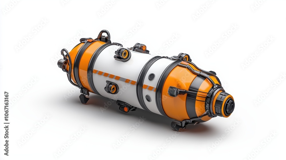 A futuristic underwater capsule designed for deep-sea exploration, featuring a sleek orange and white exterior. A futuristic underwater capsule designed for deep-sea exploration, featuring a sleek orange and white exterior.