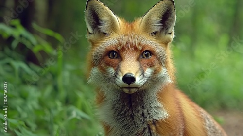 A close-up of a vibrant red fox in a lush, green forest, showcasing its striking features and curious expression.