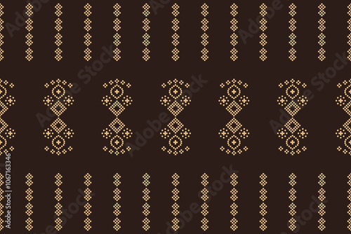 Ethnic traditional motifs ikat geometric fabric pattern cross stitch.Ikat embroidery Ethnic oriental Pixel brown background.Abstract,vector,illustration. Texture,decoration,wallpaper.