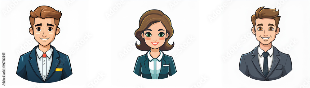 Three cartoon characters, two men and one woman, are wearing business suits. All characters have brown hair and are smiling. Three cartoon characters, two men and one woman, are wearing business suits. All characters have brown hair and are smiling.