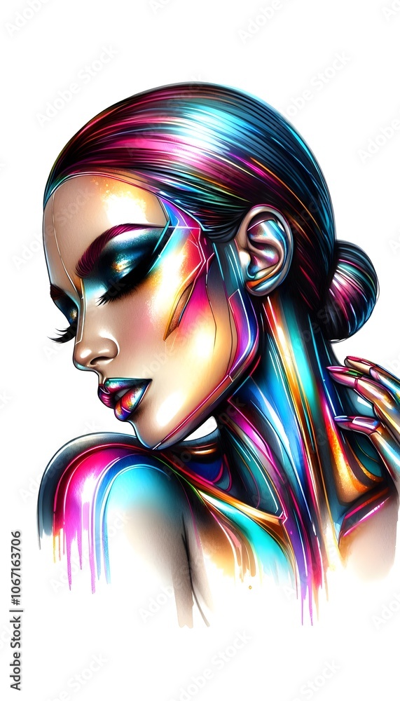 abstract illustration of a beautiful woman with silky, glossy, shiny, metallic silver skin, vibrant neon color lights glow makeup, isolated on vertical white background abstract illustration of a beautiful woman with silky, glossy, shiny, metallic silver skin, vibrant neon color lights glow makeup, isolated on vertical white background